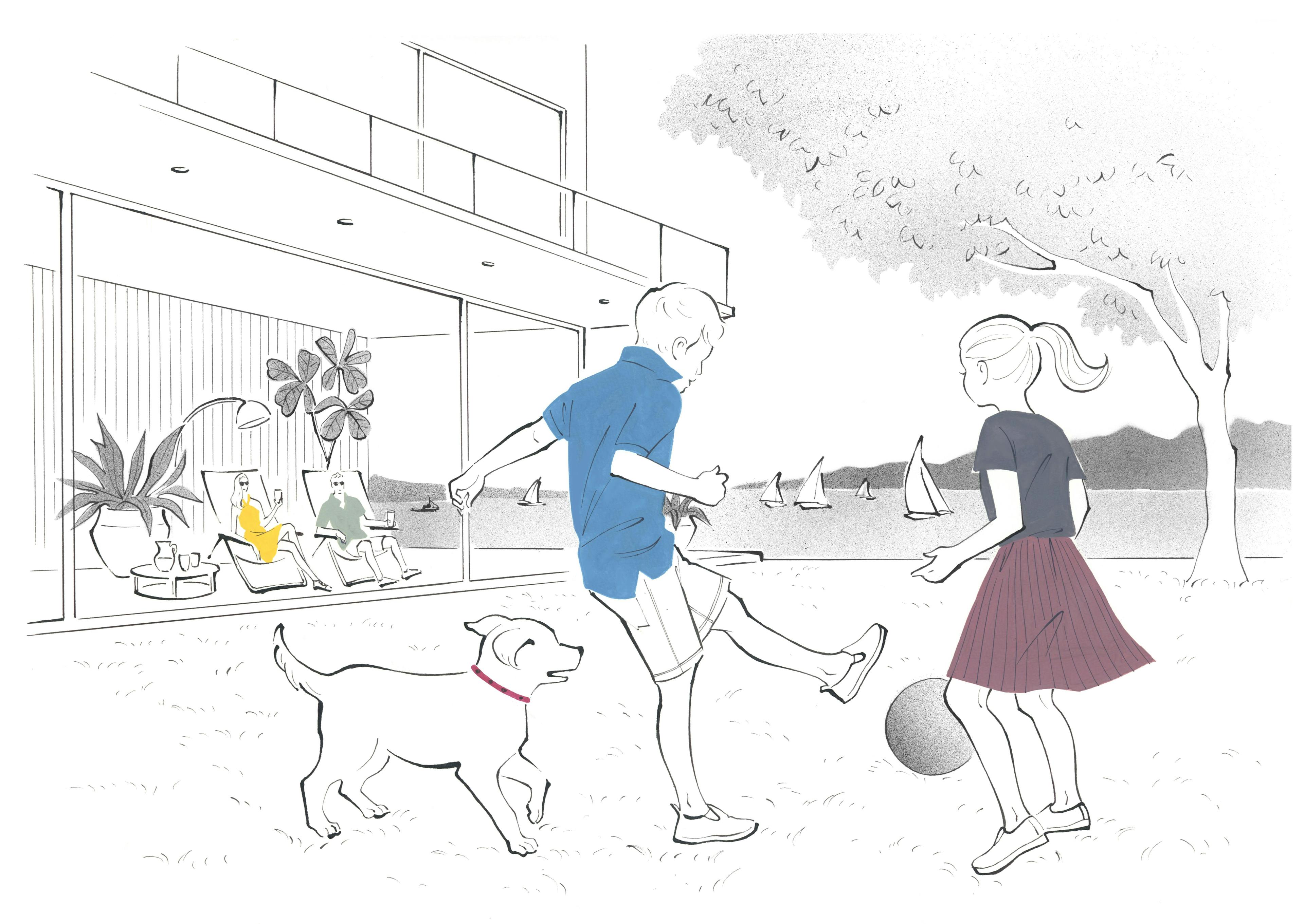 Illustrasjon av barn og hund som leker