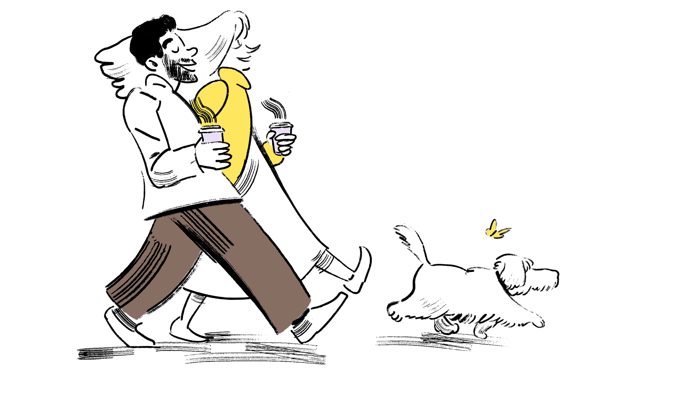 Illustrasjon av par som går tur med hund